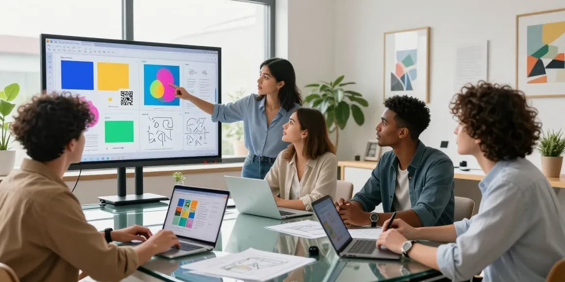 Diverse team collaborating on google mixboard in a modern office setting, showcasing vibrant designs and brainstorming ideas.