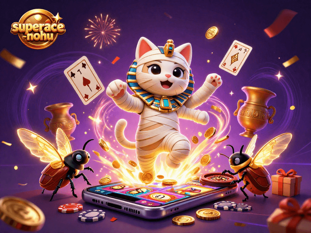 Experience the excitement of superace-nohu with a dynamic scene featuring a mummy cat and casino elements.