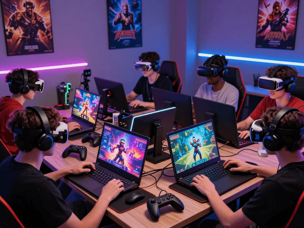 Gamers enjoying various porn games on devices in a vibrant gaming setup.
