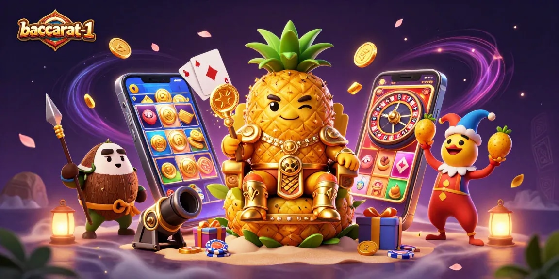 Baccarat-1 features a vibrant 3D casino scene with a golden king, exciting games, and dynamic action.