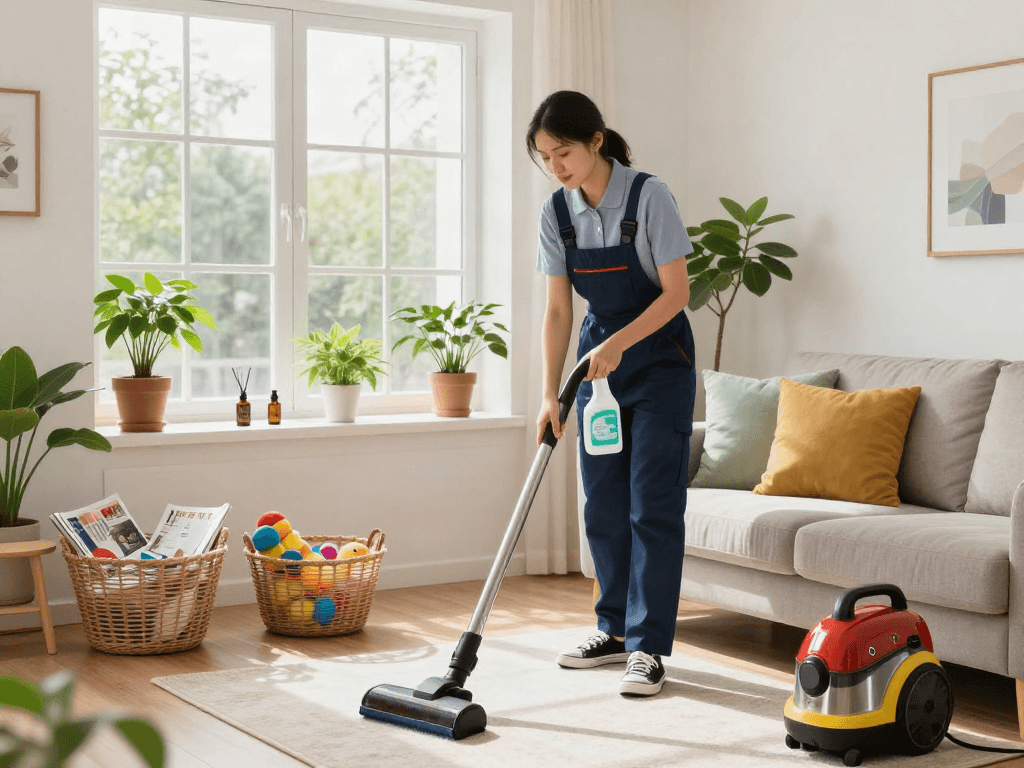 Cleaner organizing a home with eco-friendly products, showcasing depo 10k cleaning techniques.