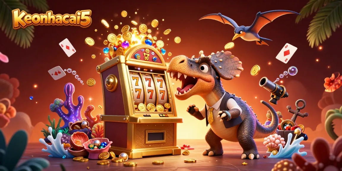 keonhacai5 displays a dinosaur jackpot frenzy with coins and slot machine excitement