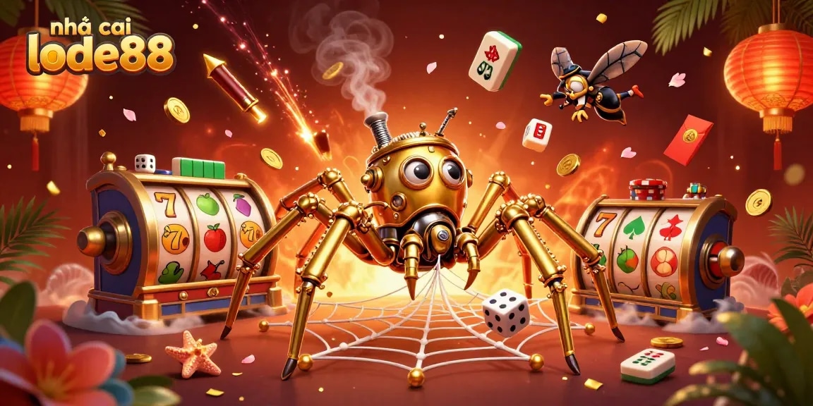 Engage with nhà cái lode88 through a vibrant 3D casino adventure featuring a steampunk spider.