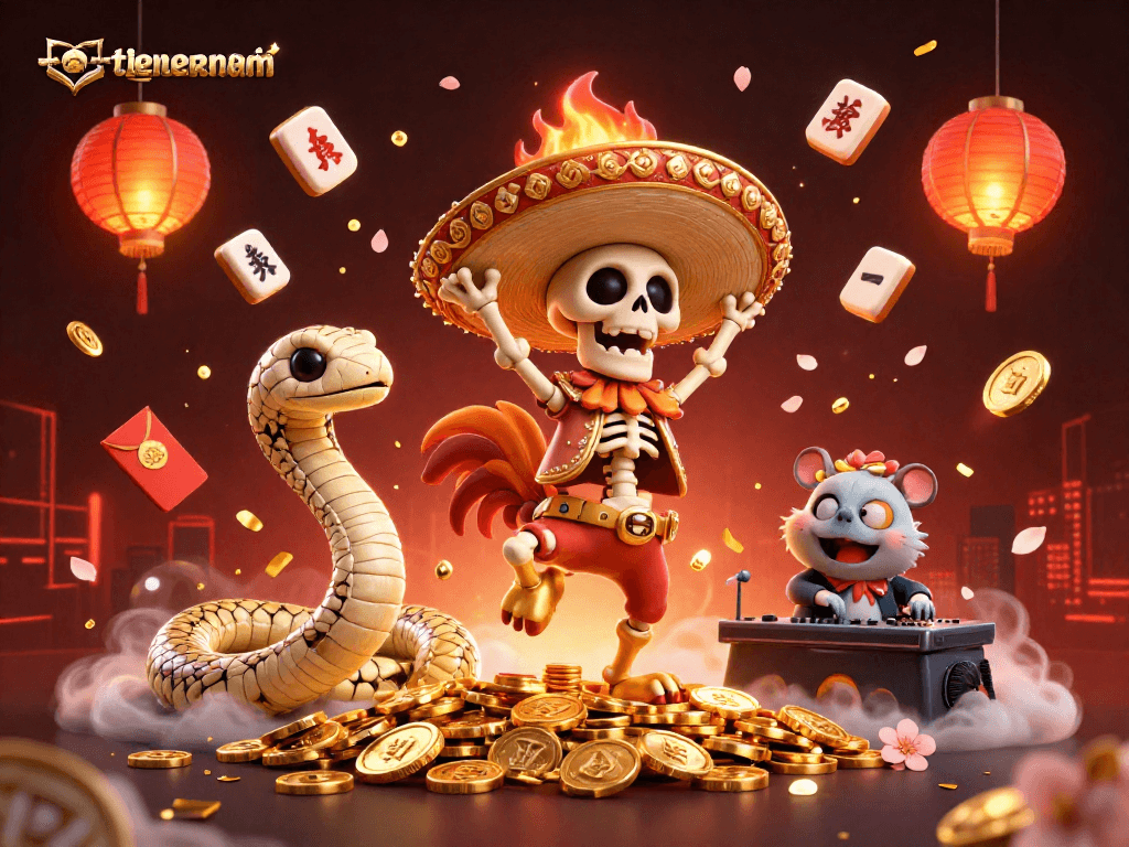 Join the fun with tienlenmiennam as a mariachi rooster celebrates victory in a vibrant casino scene!