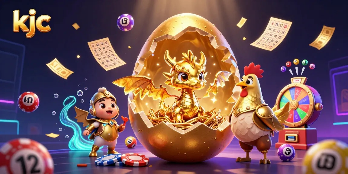 Engage with exciting gaming adventures at kjc, featuring a captivating golden dragon illustration bursting from a nest of poker chips.