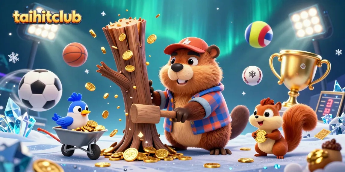 Join the excitement of taihitclub with gold coins raining down as our beaver chops a tree in a vibrant casino scene.