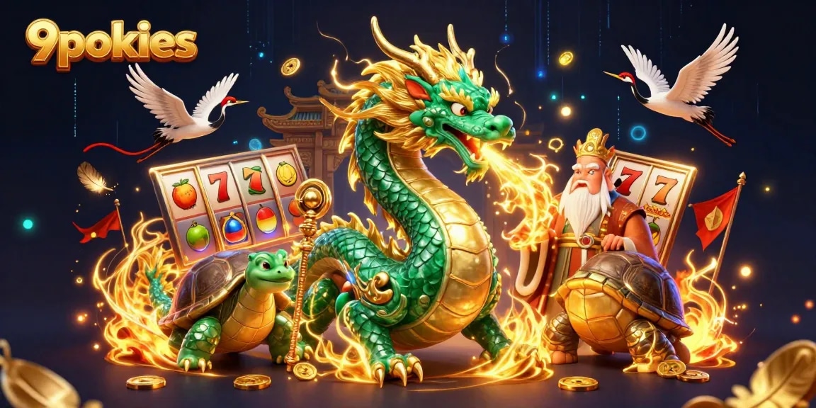 9pokies slot game adventure with a dragon, turtle sage, and lucky cranes.