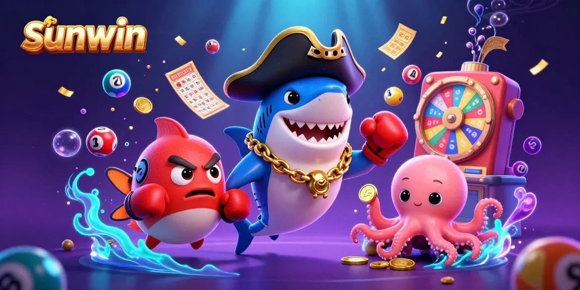 Engage with sunwin's vibrant 3D casino world featuring a pirate shark, pufferfish, and octopus amidst dynamic lottery elements.