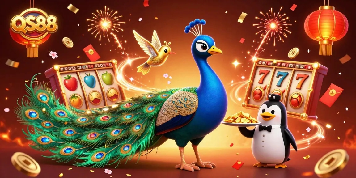 Experience the excitement at QS88 with a vibrant 3D casino scene showcasing lucky symbols and characters.