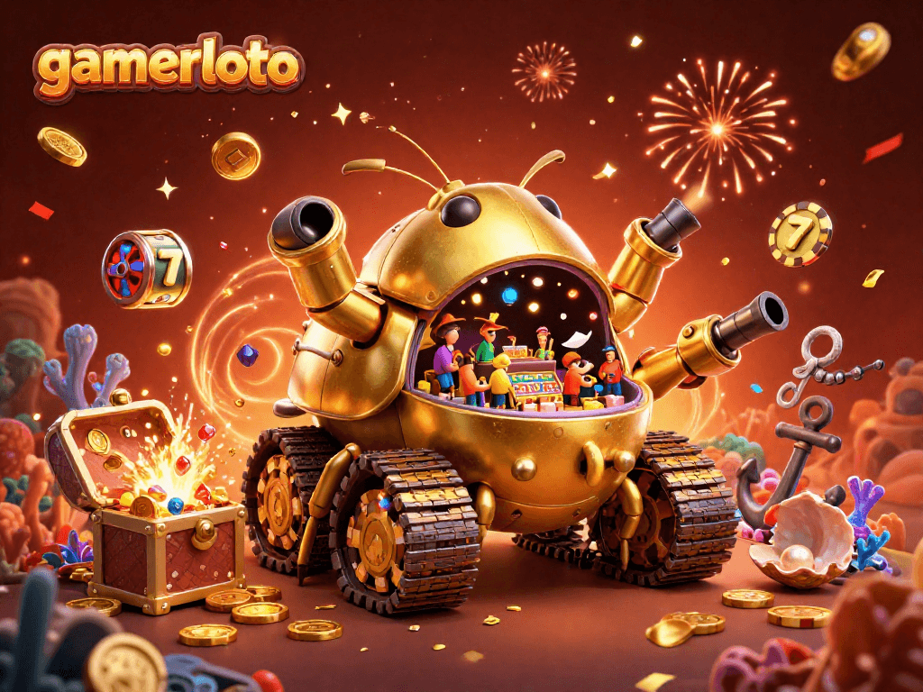 Experience the excitement of gamerloto with a vibrant, confetti-filled casino scene in 3D.