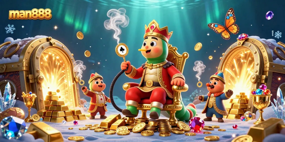 Join man888 in a vibrant 3D casino world with riches, poker hands, and magical elements.