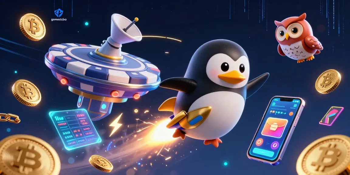Experience gamesicbo with dazzling golden penguin and crypto elements in a vibrant casino scene.