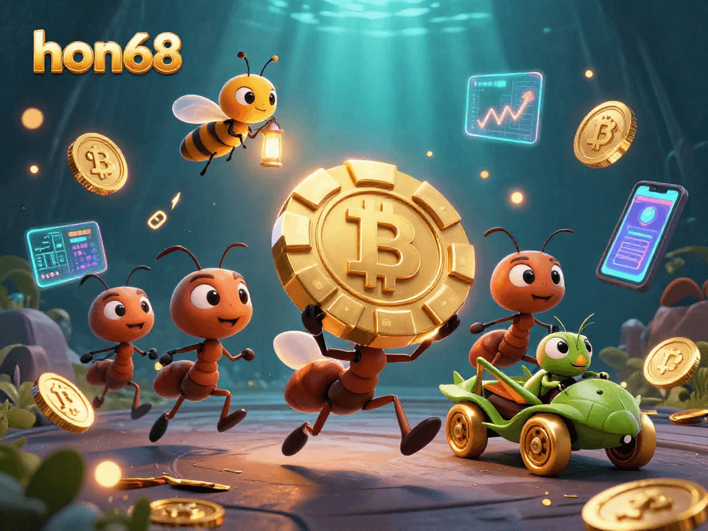 Join the heist at hon68 with ants carrying a giant poker chip amidst crypto treasures.