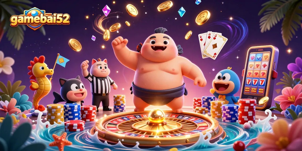 Experience thrilling gamebai52 action in an underwater casino with vibrant characters and flying coins.