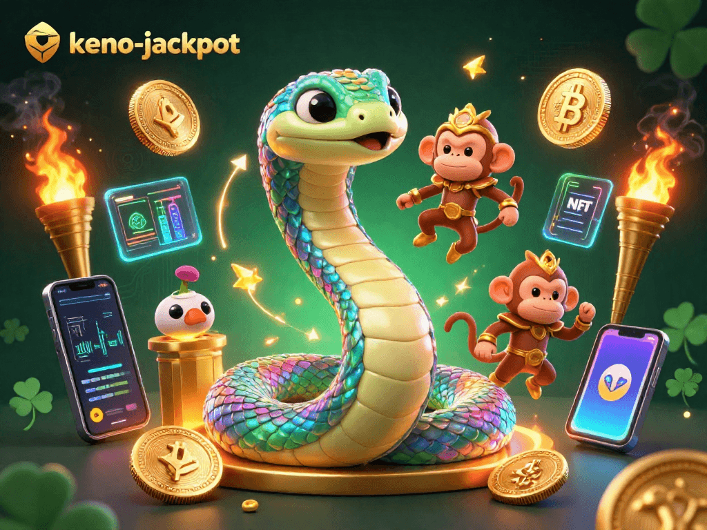 Engage in the thrilling keno-jackpot experience with a vibrant, dynamic scene featuring a mystical serpent and playful characters.