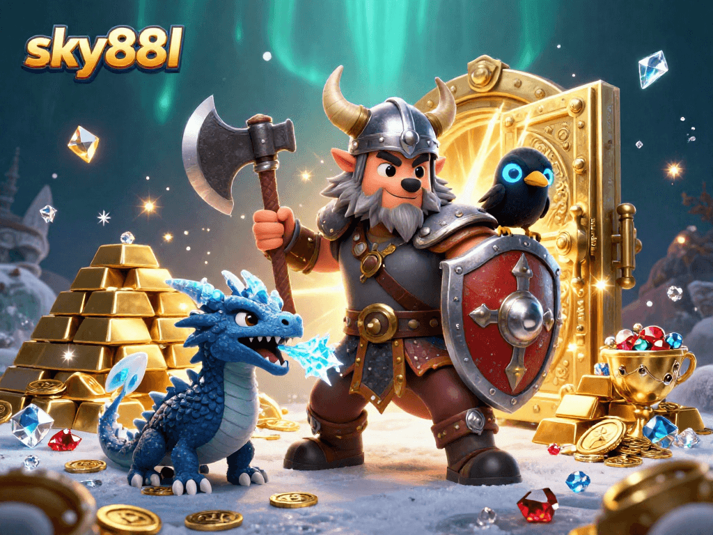 Place bets at sky88l with cartoon Viking wolf warrior, fierce dragon, and treasures around.