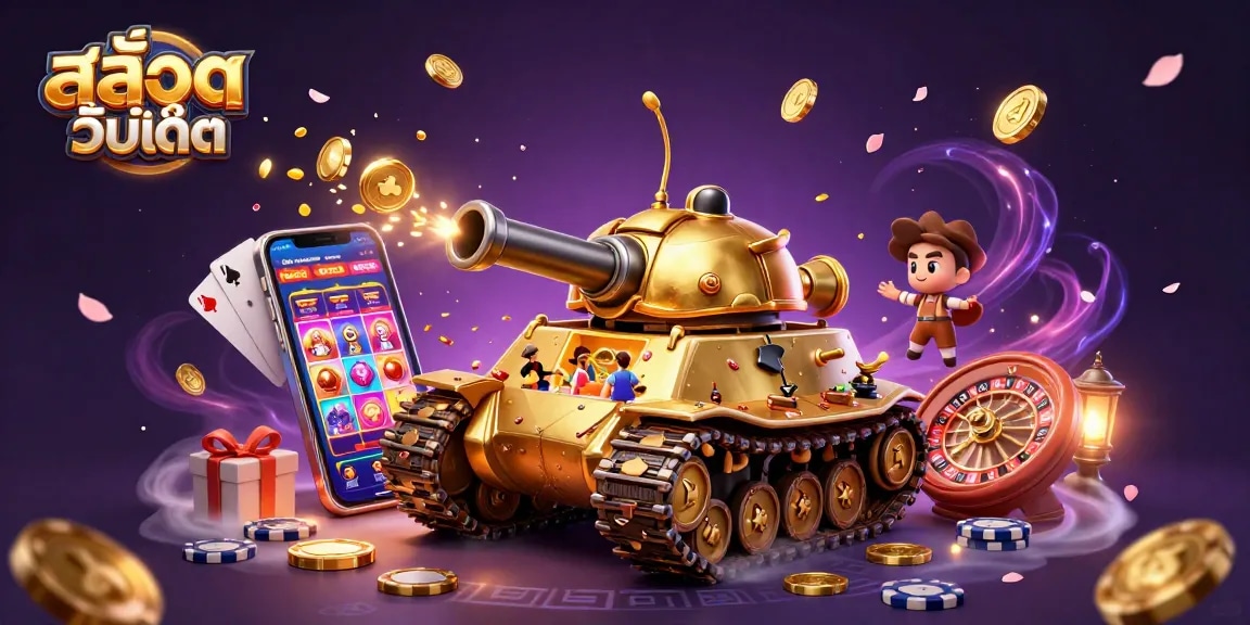 Experience exciting สล็อตอัพเดท gameplay with a 3D golden beetle tank casino and interactive slot elements.