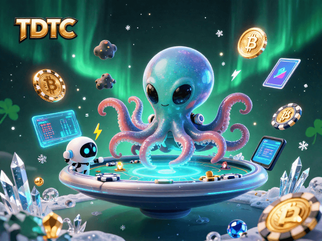Engage in thrilling TDTC poker with a cartoon octopus and crypto coins orbiting.