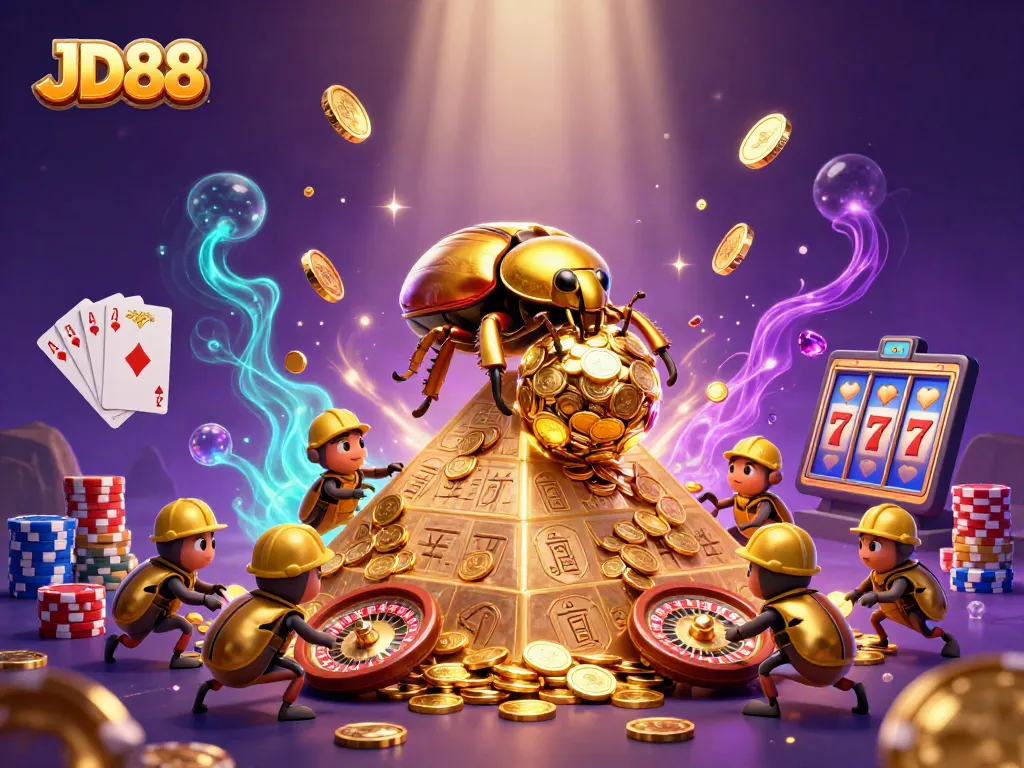 Spin and win at JD88 with vibrant casino-themed artwork showcasing golden beetles and dynamic game elements.
