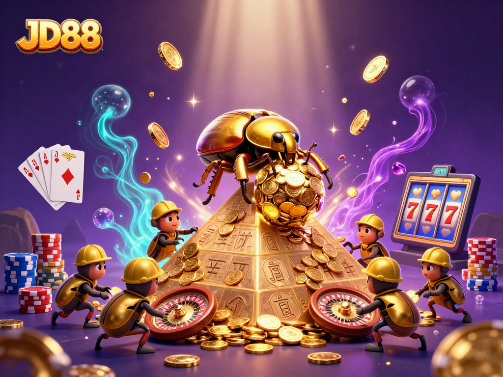 Spin and win at JD88 with vibrant casino-themed artwork showcasing golden beetles and dynamic game elements.