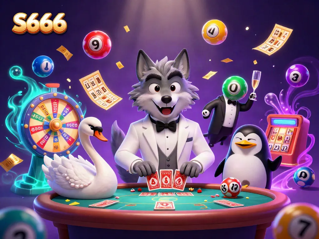 S666 offers a thrilling baccarat scene with vibrant game elements and charming characters in lively action.
