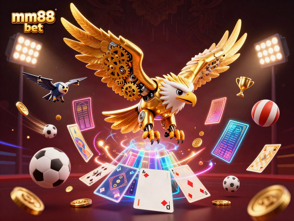 Experience the thrill of mm88 bet with a vibrant 3D casino scene featuring a golden eagle and dynamic sports elements.
