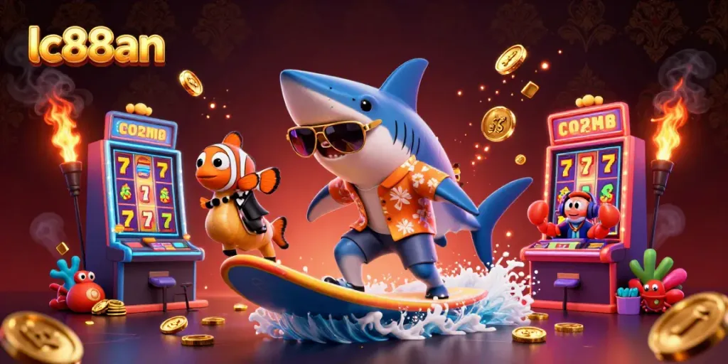 Experience winning thrills at lc88an with a lively scene of a shark and friends in a colorful casino world.