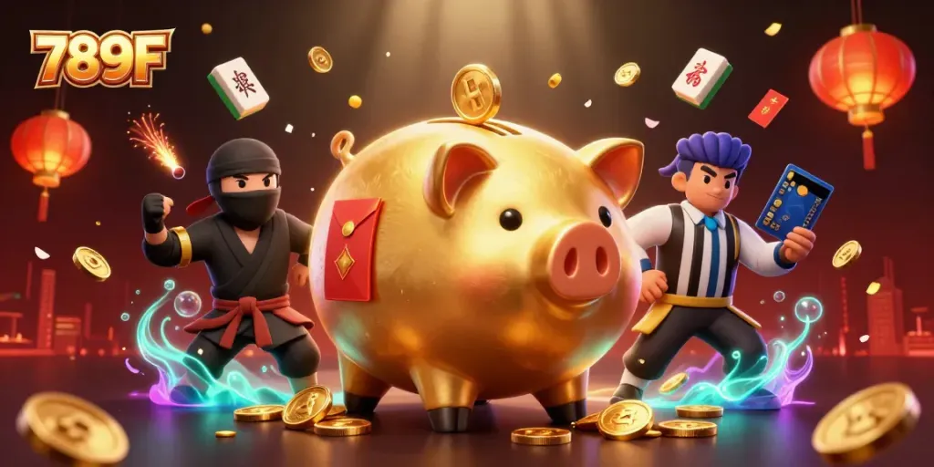 Engage with the lively 789F casino scene featuring a sumo piggy bank and dynamic game elements.