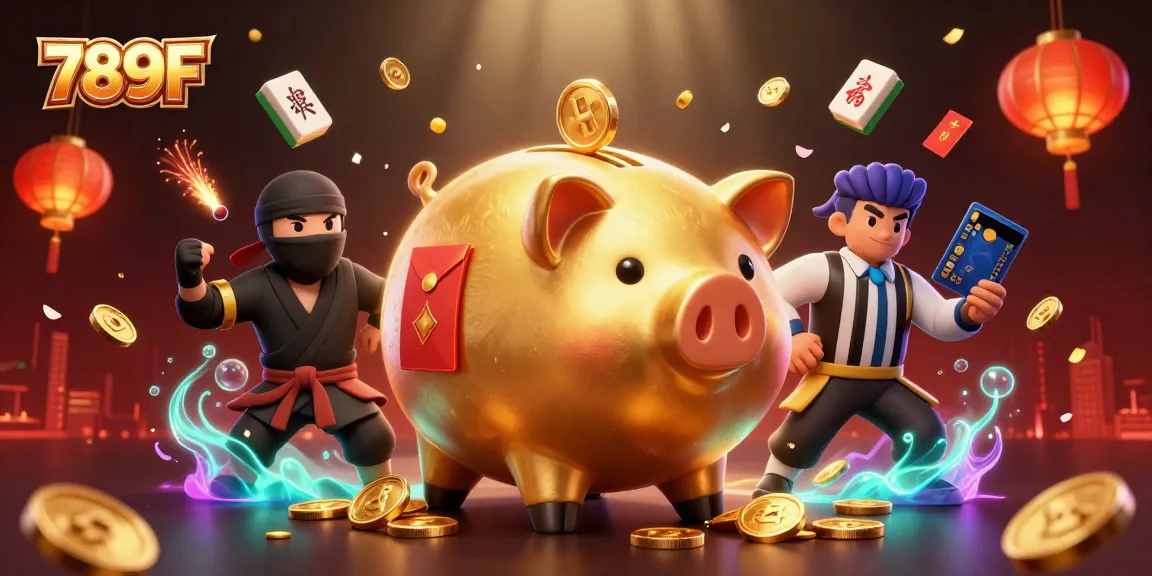 Engage with the lively 789F casino scene featuring a sumo piggy bank and dynamic game elements.