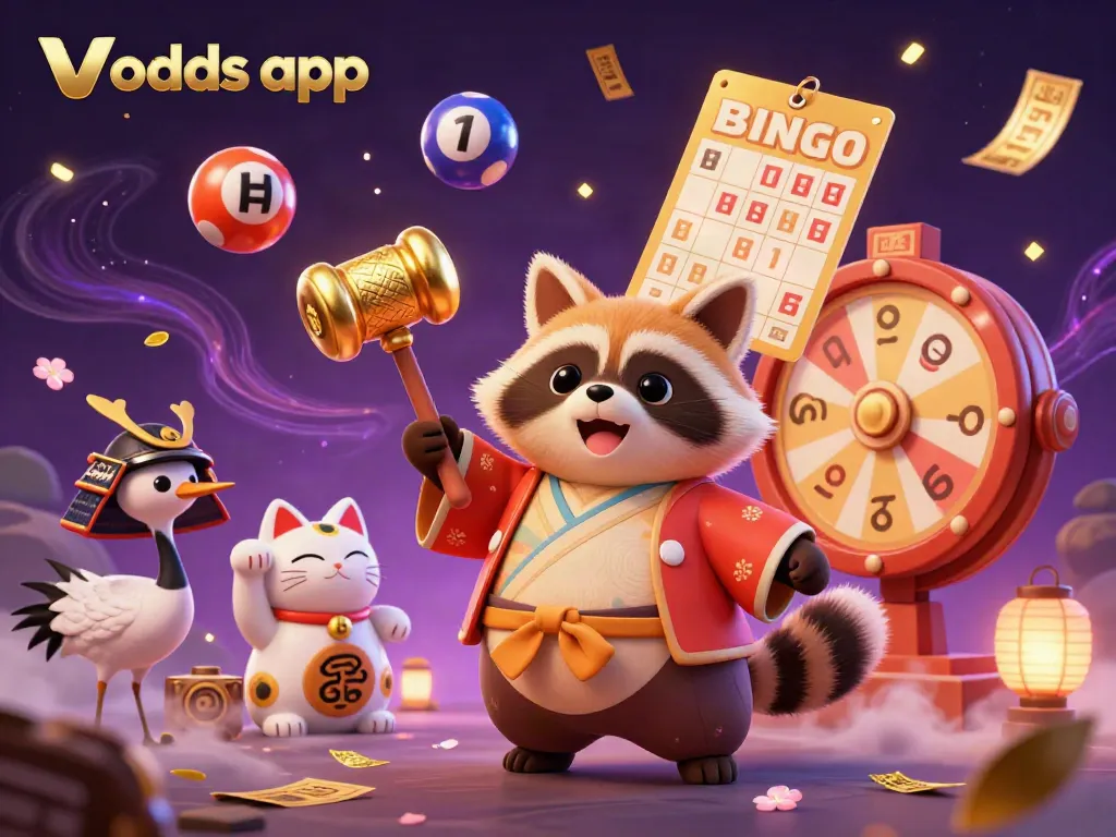 Experience excitement in the Vodds app with a dynamic 3D cartoon illustration featuring a cheerful tanuki and a crane, surrounded by colorful gambling elements.