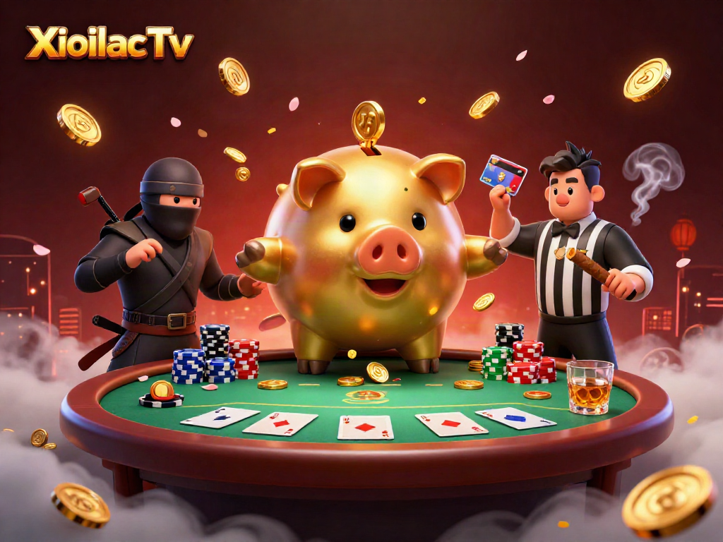 XoilacTv brings thrilling action as a golden piggy bank sumo wrestler stomps and scatters coins at a vibrant poker scene.