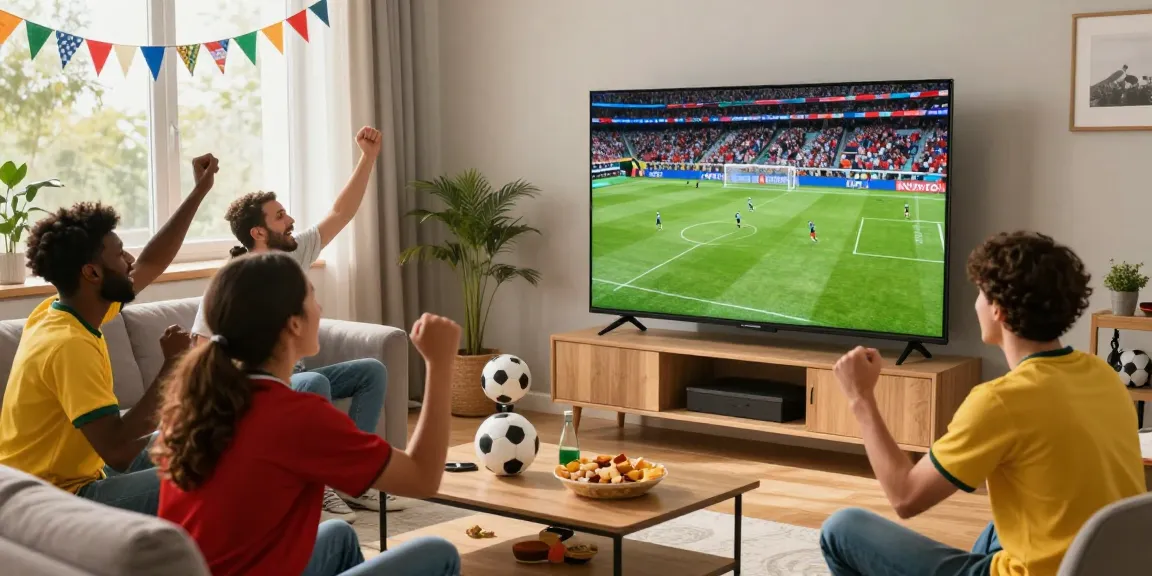 Socolive fans cheering for a live football match in a vibrant living room.