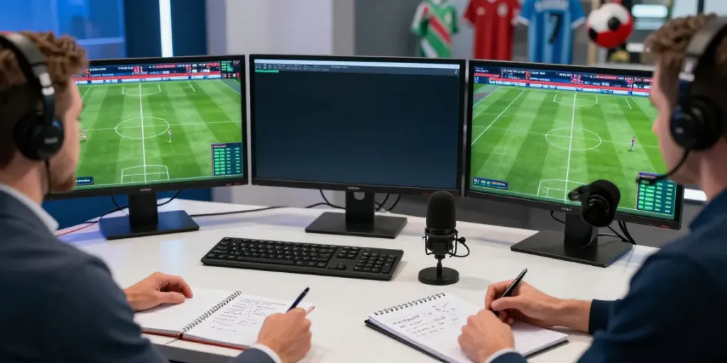 Tebakskor889.org soccer analysis with analysts reviewing game statistics and predictions.