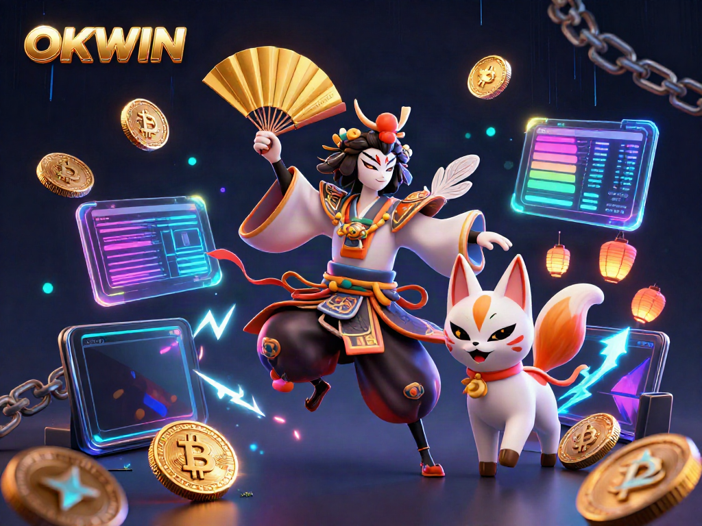 Experience thrilling gameplay with OKWIN as kabuki warrior crane engages in a vibrant casino scene.