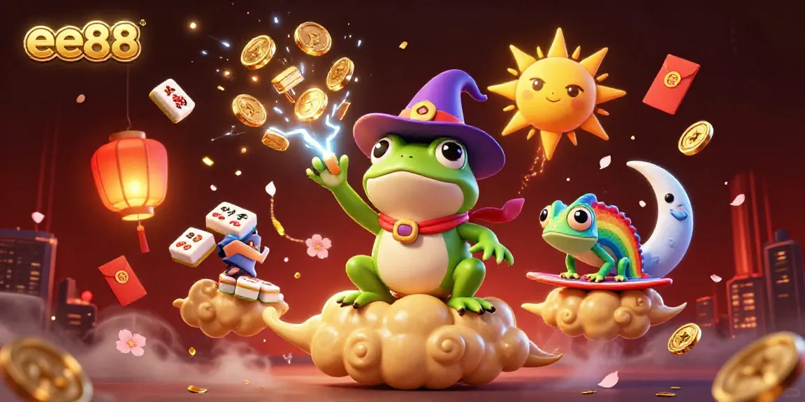 Experience exhilarating gaming with ee88 featuring a wizard frog and chameleon amidst golden coins and enchanting elements.