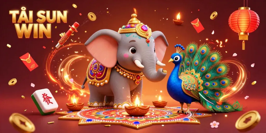 TẢI SUN WIN with festive elephant and peacock, vibrant gambling-themed celebration illustration