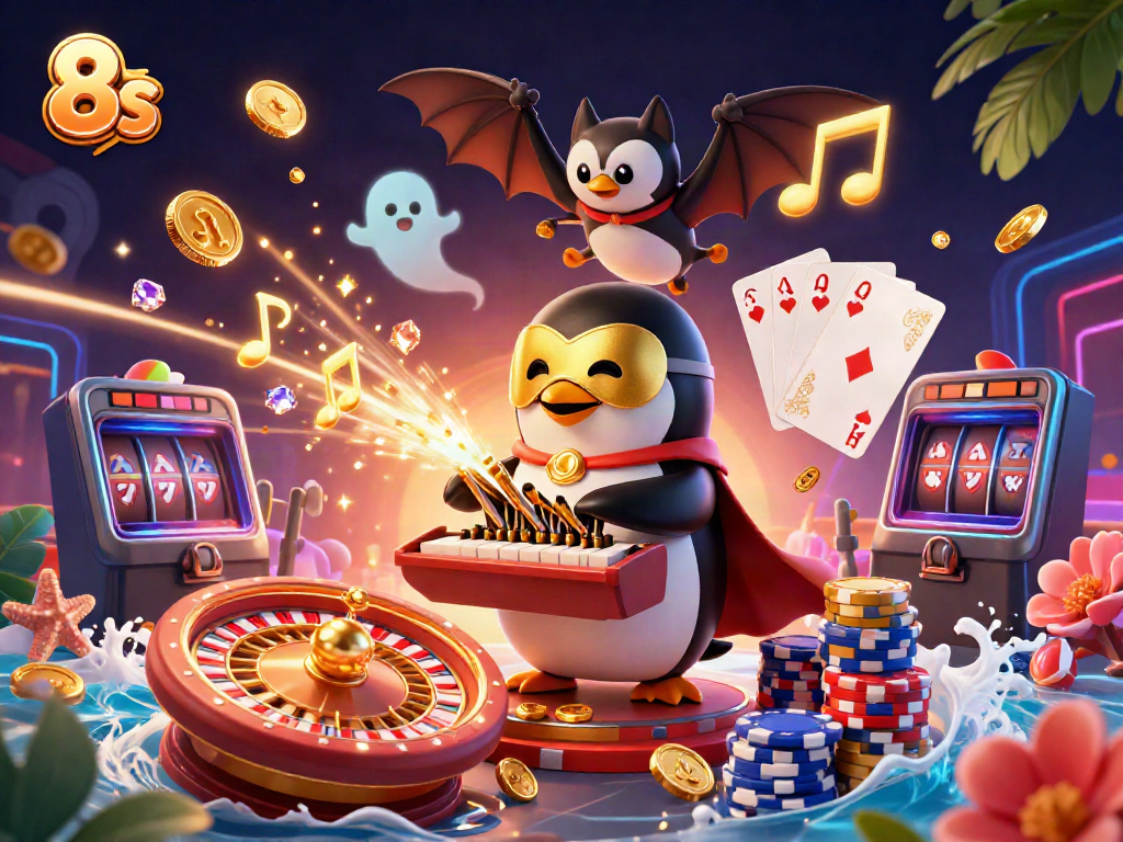 Play exciting games at 8s with vibrant characters and glowing casino elements in a rich, immersive 3D atmosphere.
