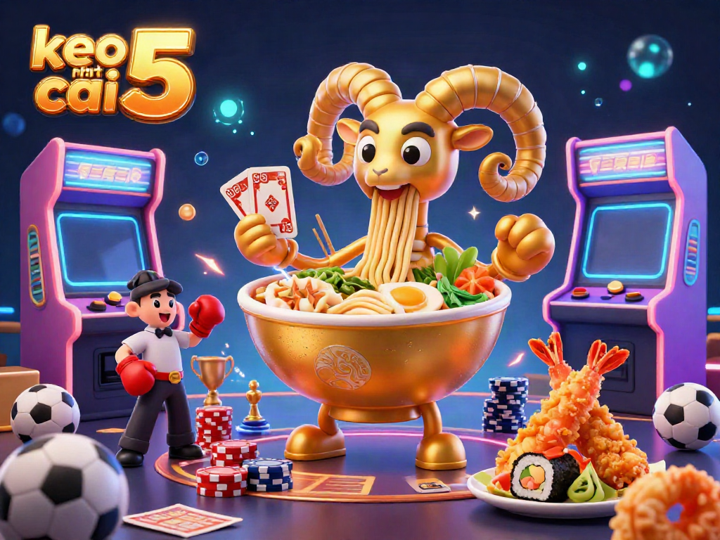 Experience the thrill of keo nha cai 5 with a golden ramen bowl character, stacking chips and dealing cards in a vibrant sports betting scene.