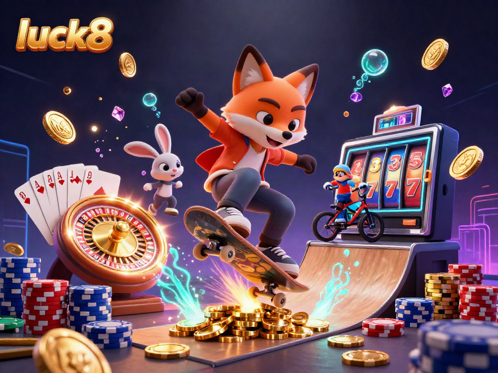 Experience luck8's gaming thrill with animated action from a skateboarder fox and BMX rabbit in a vibrant casino.