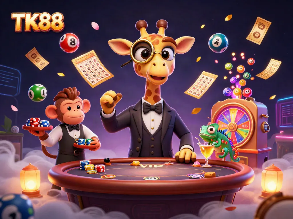 Experience thrilling gaming with TK88 at a vibrant casino scene filled with colorful lottery elements.