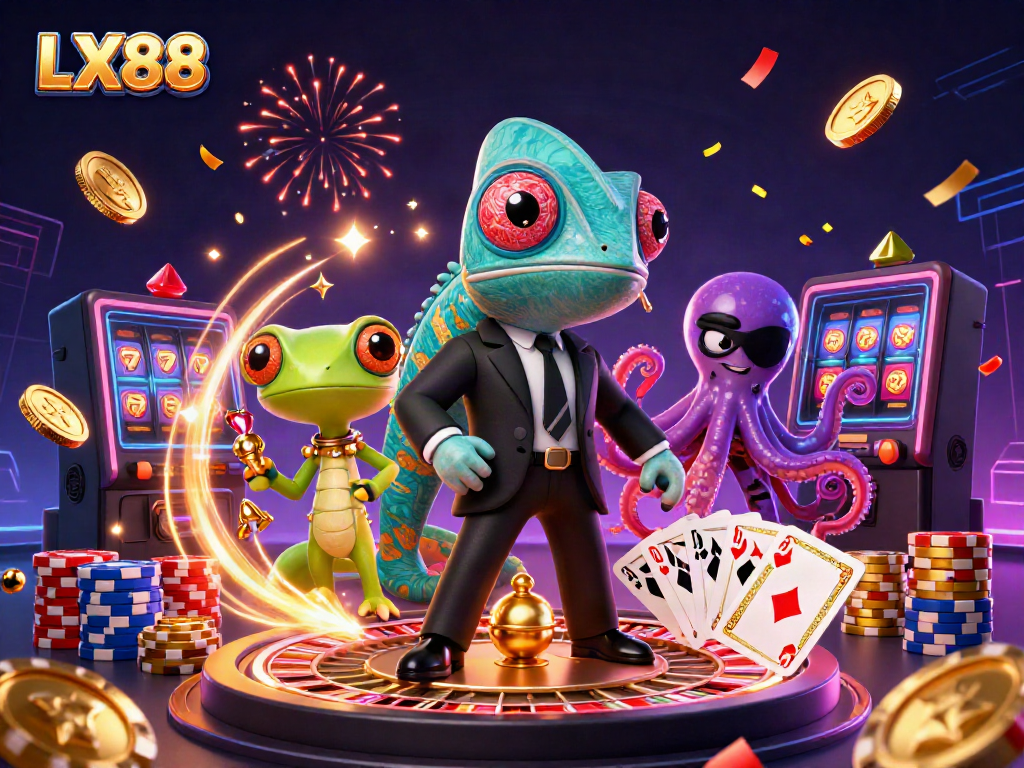 Experience the excitement of online gaming with LX88's vibrant 3D illustration featuring dynamic casino elements.