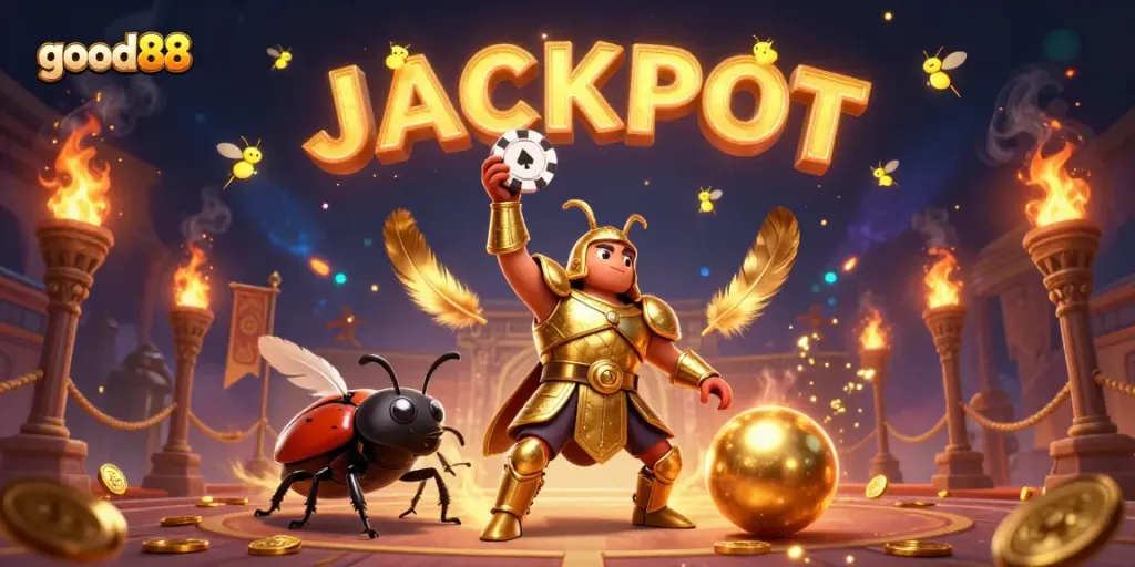 Experience thrilling gameplay at good88 with a golden victorious beetle in a dynamic casino scene.