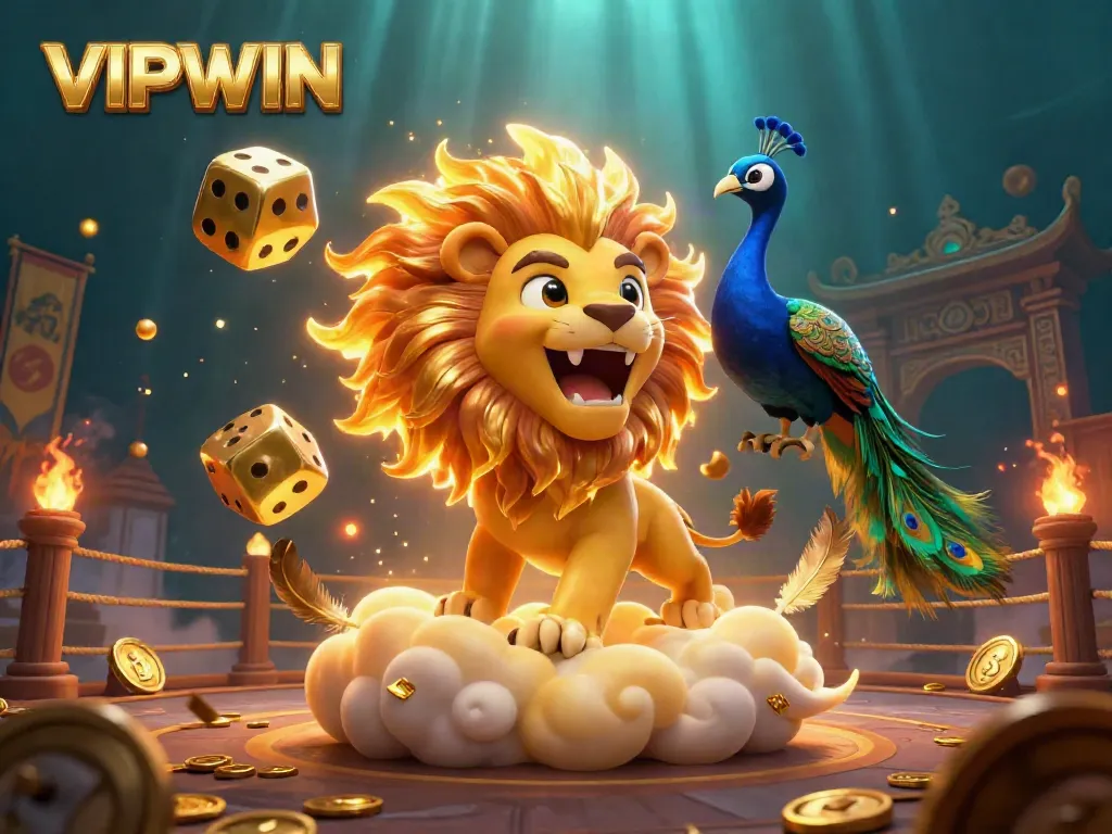 Engage in thrilling gameplay at VIPWIN, where animated 3D scenes with golden dice and a lion symbolize casino excitement.