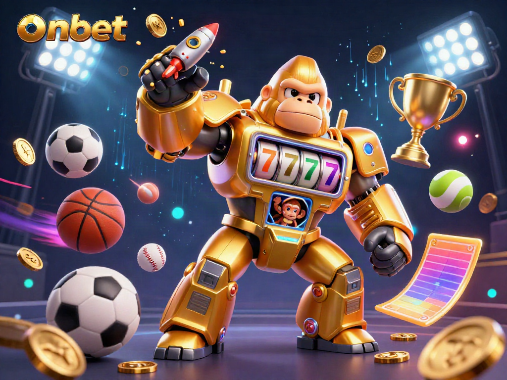 Onbet transforms gaming with a golden gorilla mech bursting with coins and dynamic sports elements.