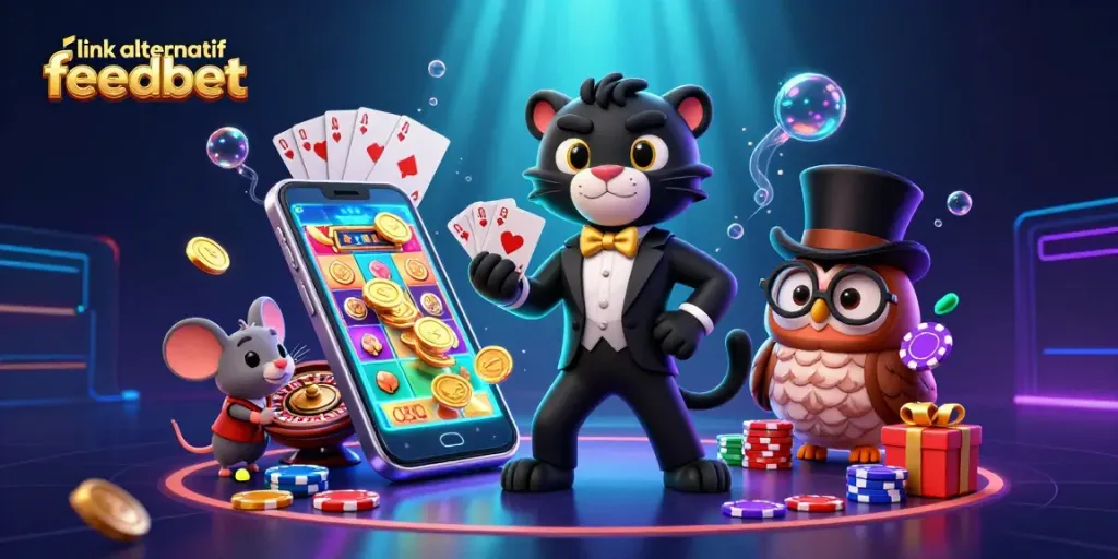 Experience thrill with the link alternatif feedbet, featuring a stylish panther and colorful slot gameplay.