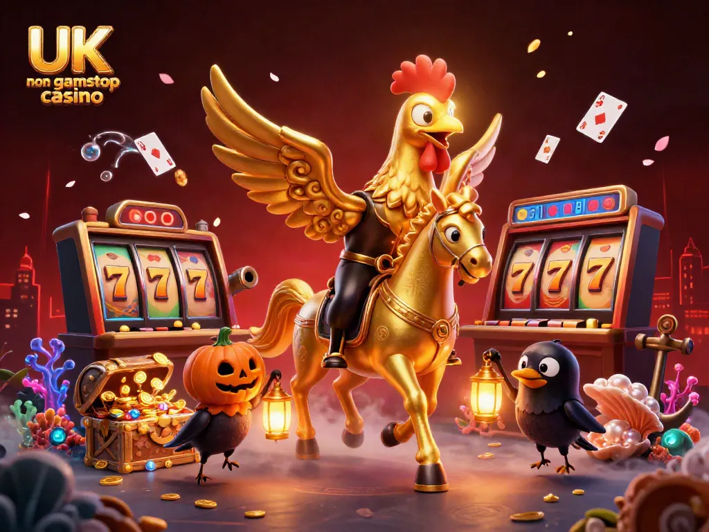 Experience the enchanting UK non gamstop casino scene with a golden rooster and autumn lanterns.