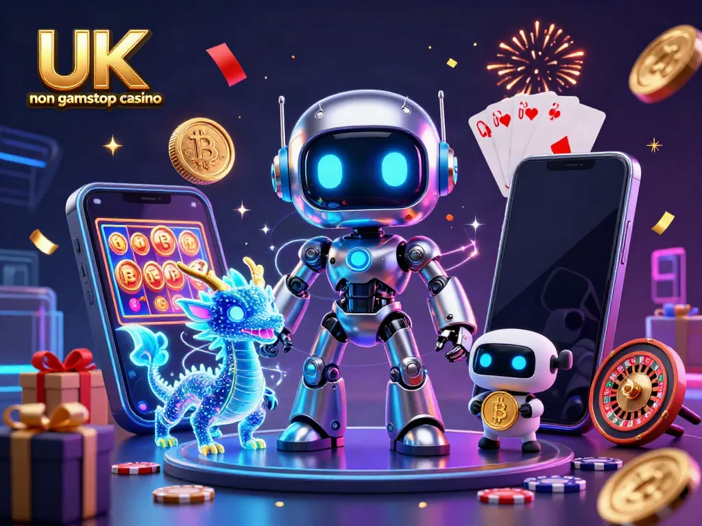 Engaging portrayal of UK non gamstop casino featuring a futuristic robotic mascot and gaming elements.