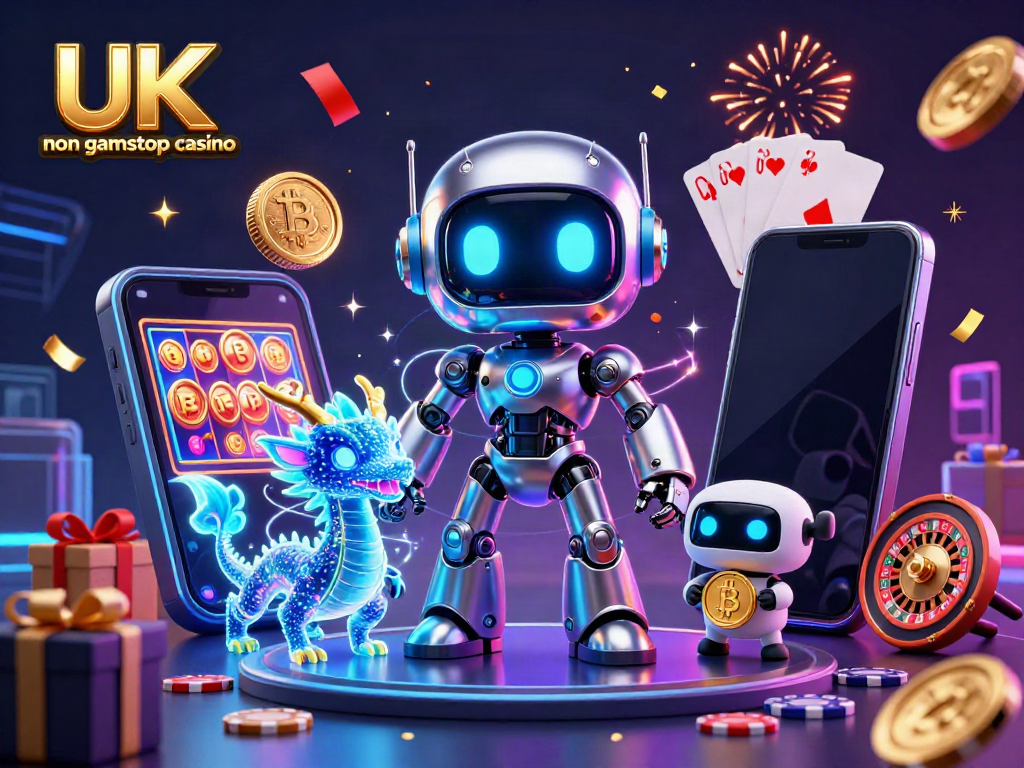 Engaging portrayal of UK non gamstop casino featuring a futuristic robotic mascot and gaming elements.