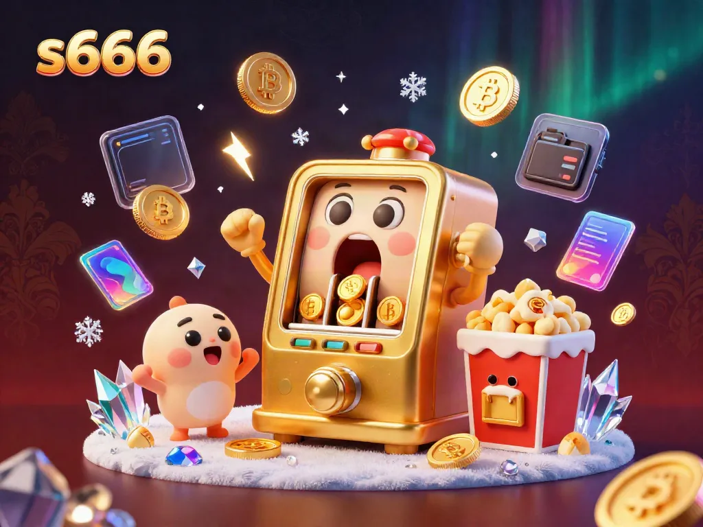 Win big with s666 at this lively golden slot machine and crypto-themed casino illustration.