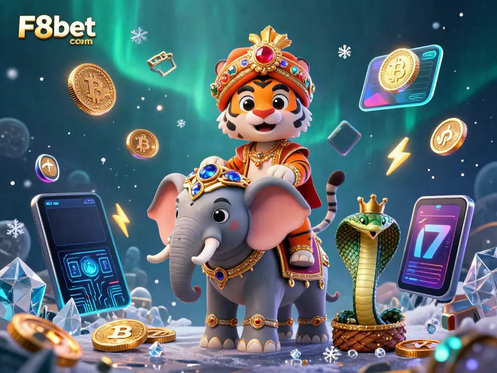 Engage with thrilling gaming at F8bet com as a maharaja tiger rides a jewel elephant amidst crypto coins.